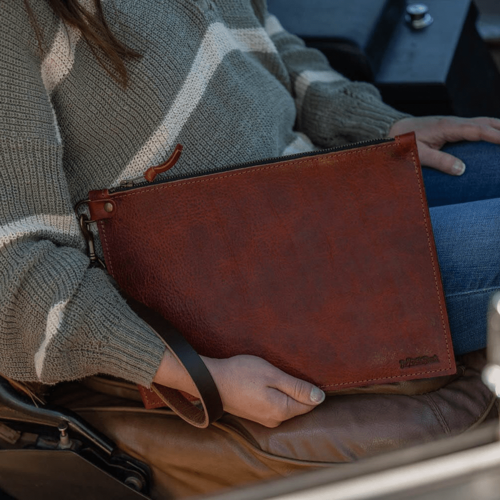 FELICITY ZIPPERED CLUTCH WITH WRISTLET LARGE - REDWOOD BISON