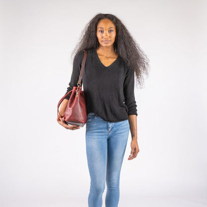 ABBY LEATHER BUCKET BAG - WINE BISON