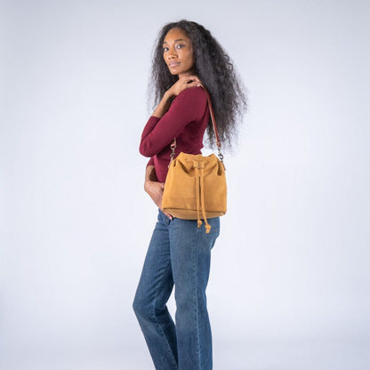ABBY LEATHER BUCKET BAG - DESERT SUEDE