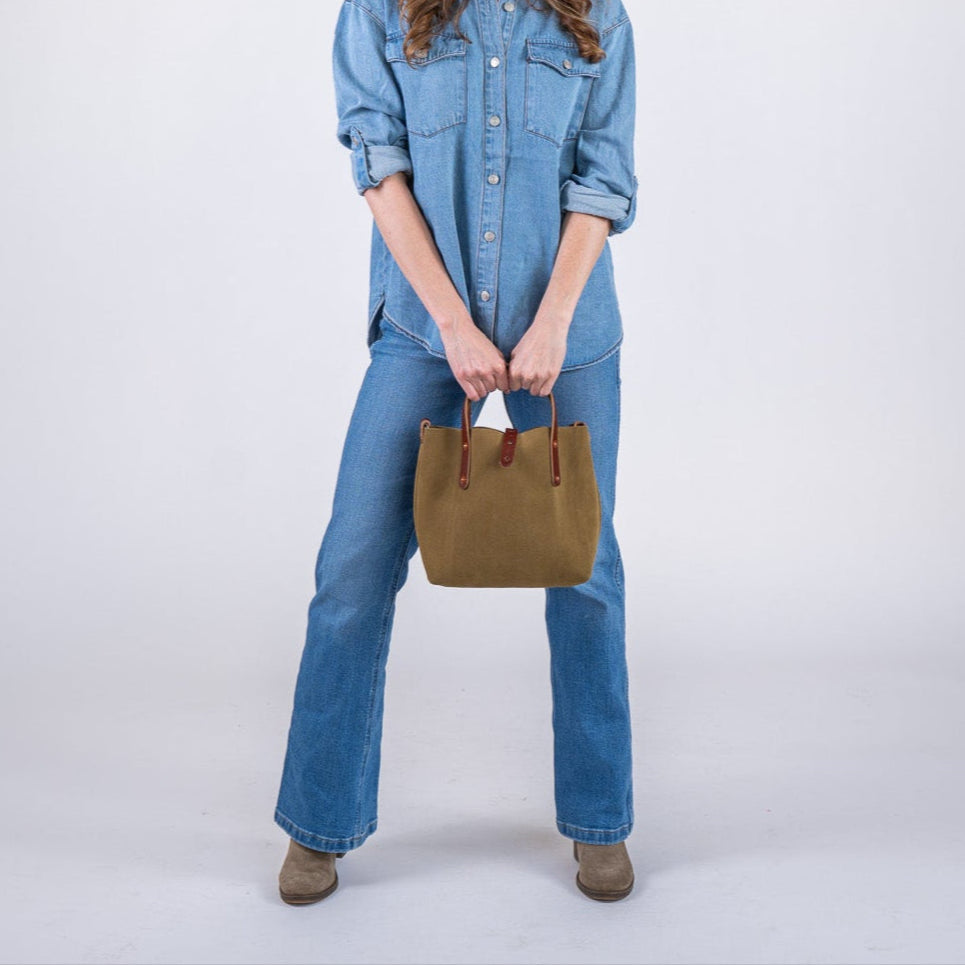 AVERY LEATHER TOTE BAG - MINI CROSSBODY - PISTACHIO SUEDE