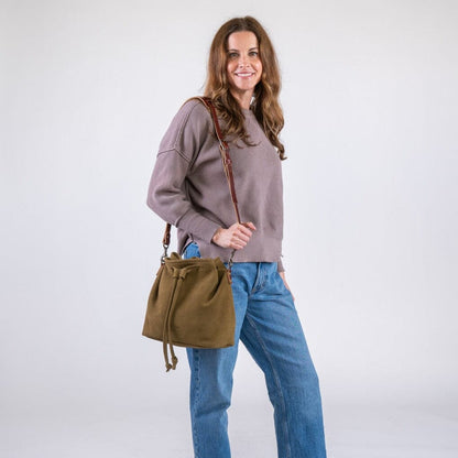 ABBY LEATHER BUCKET BAG - PISTACHIO SUEDE