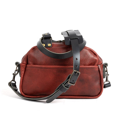 HOFFMAN LEATHER CROSSBODY BAG - MINI - WINE BISON - BLACK STRAPS - OUTSIDE HEMMED POCKET - INSIDE KEY CLIP - IN STOCK