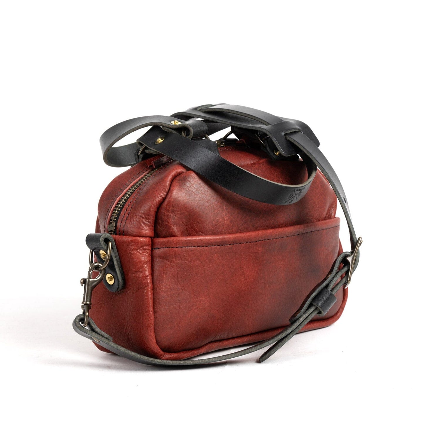 HOFFMAN LEATHER CROSSBODY BAG - MINI - WINE BISON - BLACK STRAPS - OUTSIDE HEMMED POCKET - INSIDE KEY CLIP - IN STOCK