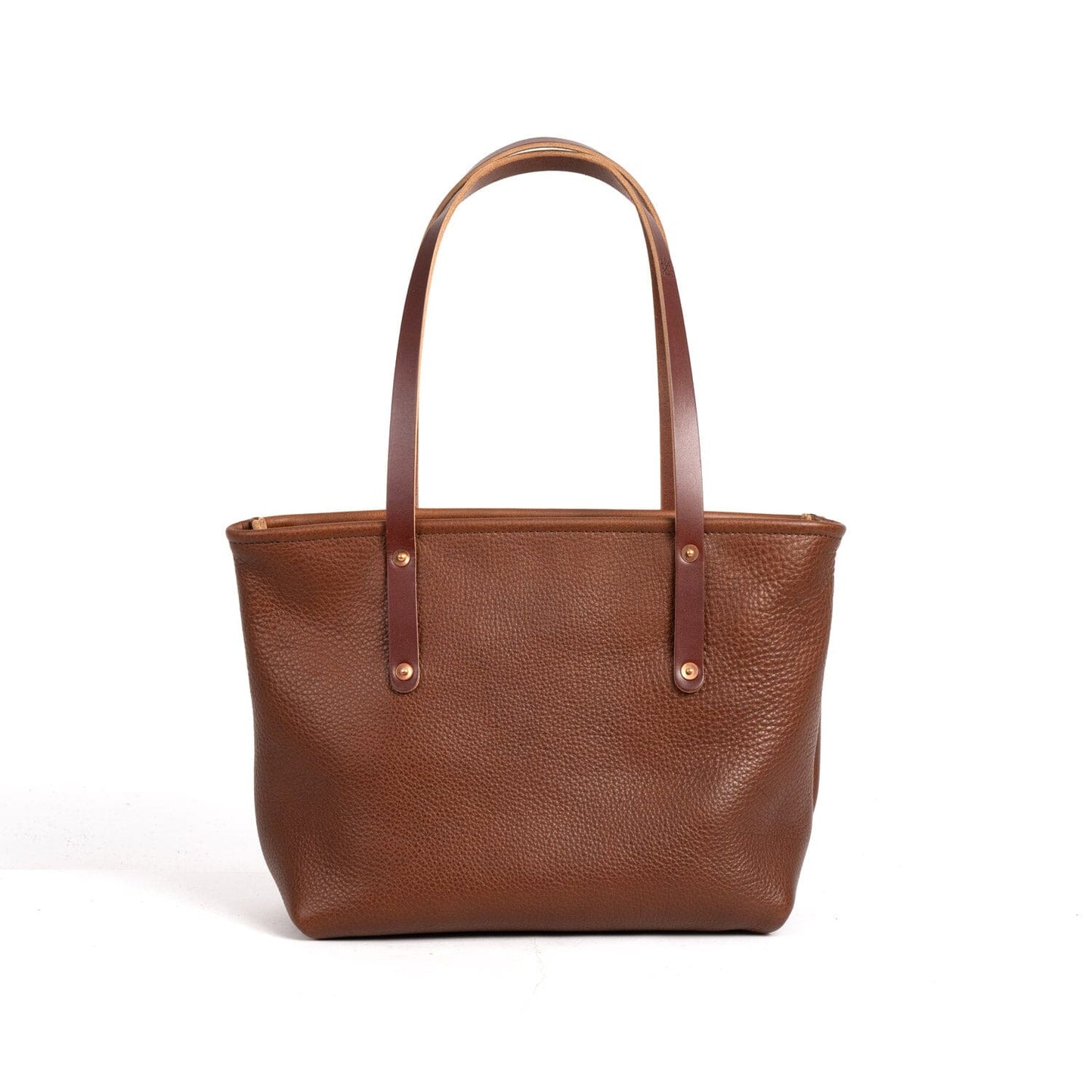 AVERY LEATHER TOTE BAG - MEDIUM  - SADDLE - CLOSED ZIPPER - HEMMED FRONT POCKET - IN STOCK