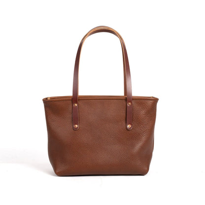 AVERY LEATHER TOTE BAG - MEDIUM  - SADDLE - CLOSED ZIPPER - HEMMED FRONT POCKET - IN STOCK