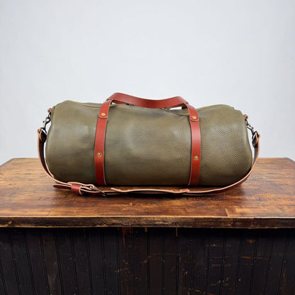 WILLIAM LEATHER DUFFLE BAG - OLIVE - SADDLE STRAPS - IN STOCK