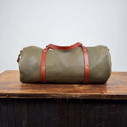 WILLIAM LEATHER DUFFLE BAG - OLIVE - SADDLE STRAPS - IN STOCK
