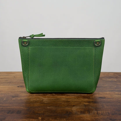 LEATHER ZIPPERED POUCH WITH GUSSET - EXTRA LARGE - GRASS GREEN - FRONT POCKET - D-RINGS - IN STOCK