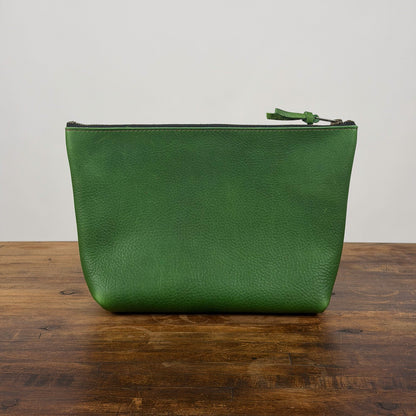 LEATHER ZIPPERED POUCH WITH GUSSET - EXTRA LARGE - GRASS GREEN - FRONT POCKET - D-RINGS - IN STOCK