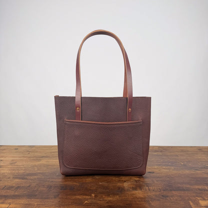 AVERY LEATHER TOTE BAG - SMALL - DARK SADDLE - LARGE FRONT POCKET - TWO LOOSE INSIDE POCKETS - IN STOCK