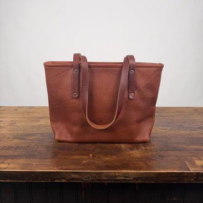 AVERY LEATHER TOTE BAG - MEDIUM  - SADDLE - ZIPPER - SMALL FRONT POCKET - IN STOCK