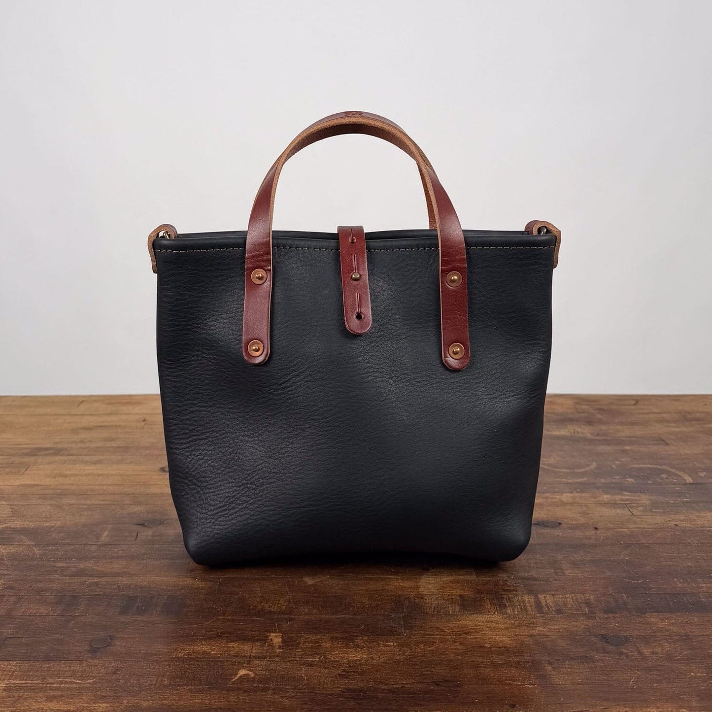 AVERY LEATHER TOTE BAG - MINI CROSSBODY - BLACK - SADDLE STRAPS - HEMMED TOP - IN STOCK