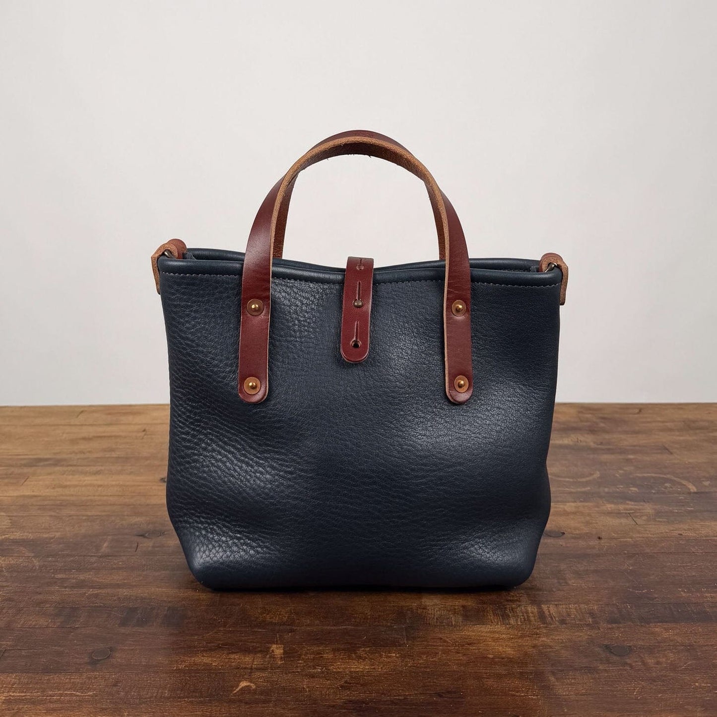 AVERY LEATHER TOTE BAG - MINI CROSSBODY - SMOKEY BLUE - SADDLE STRAPS - HEMMED TOP - IN STOCK