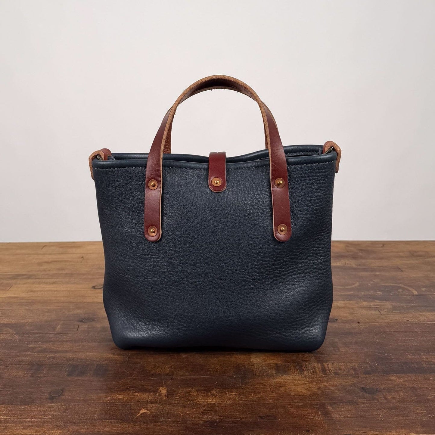 AVERY LEATHER TOTE BAG - MINI CROSSBODY - SMOKEY BLUE - SADDLE STRAPS - HEMMED TOP - IN STOCK