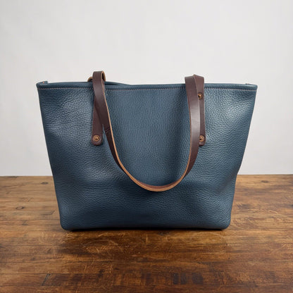 AVERY LEATHER TOTE BAG - MEDIUM - SMOKEY BLUE - LARGE FRONT POCKET - HEMMED POCKET - NEARLY PERFECT - IN STOCK