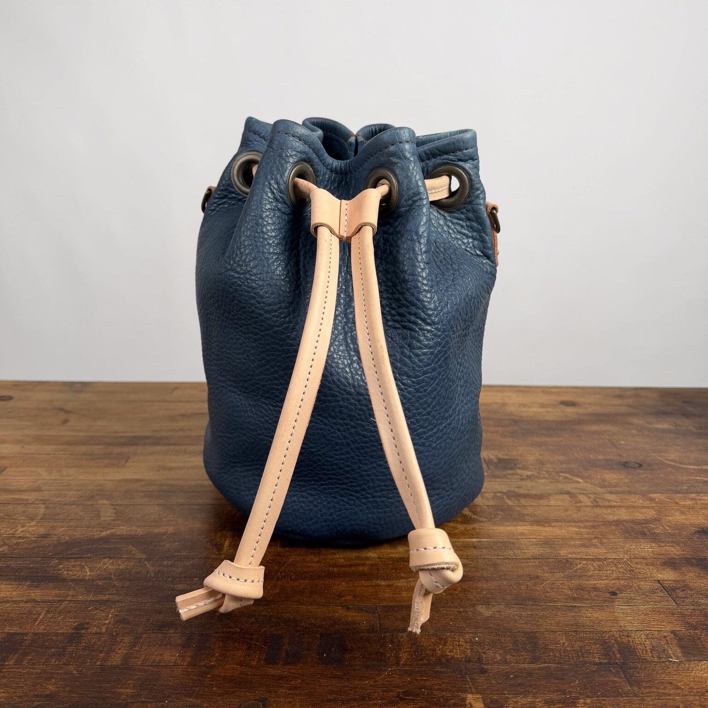 LEATHER BUCKET BAG - MEDIUM - SMOKEY BLUE - NATURAL STRAPS - WATER DAMAGE IN SHIPMENT - NEARLY PERFECT - IN STOCK