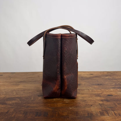 AVERY LEATHER TOTE BAG - MEDIUM - CHERRY BISON - ZIPPER - SMALL FRONT POCKET - BRASS FEET - NEARLY PERFECT - IN STOCK