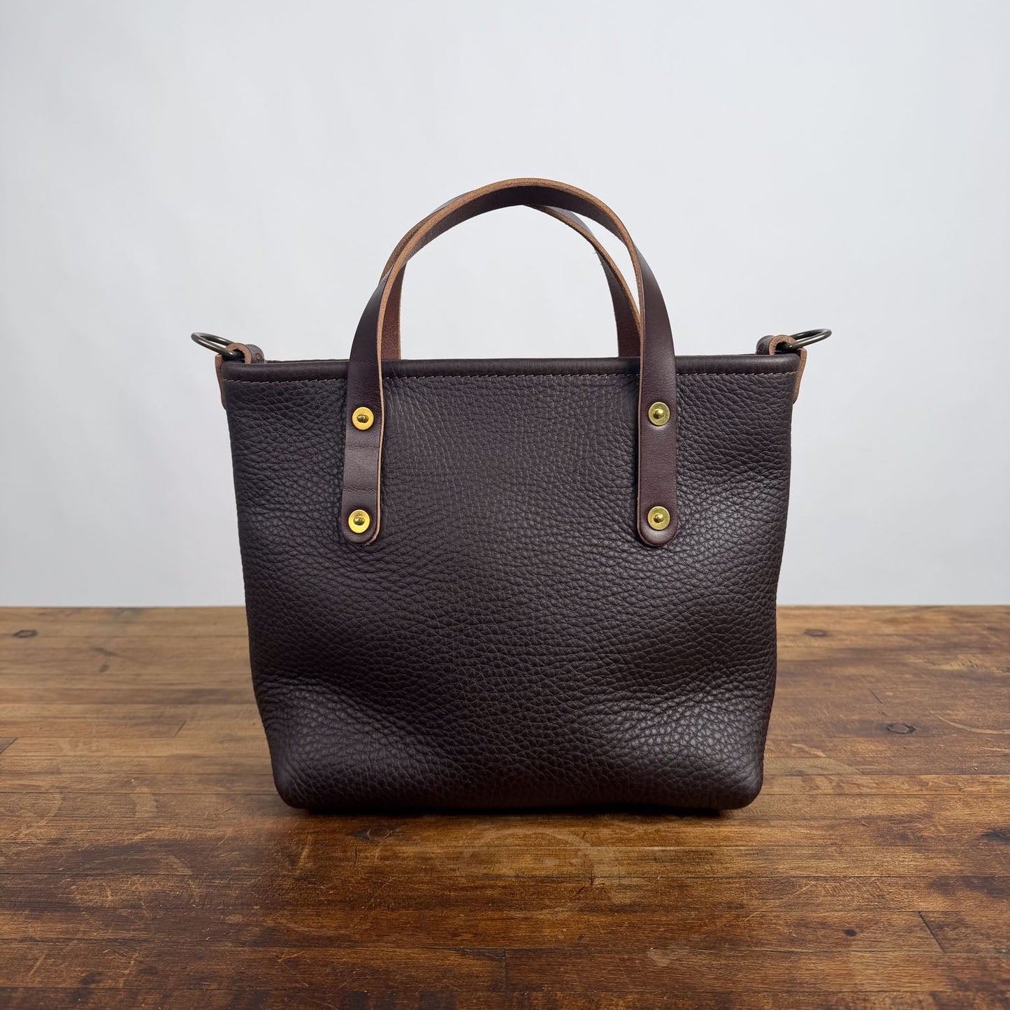 AVERY LEATHER TOTE BAG - MINI CROSSBODY - MOCHA - ZIPPER - 10 YEAR LOGO - BRASS RIVETS - NEARLY PERFECT - IN STOCK