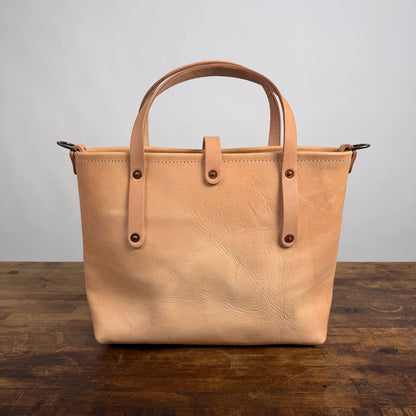 AVERY LEATHER TOTE BAG - SMALL - NATURAL VEG TAN - 5" HANDLES - HEMMED TOP - D-RINGS - NEARLY PERFECT - IN STOCK