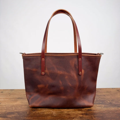 AVERY LEATHER TOTE BAG - LARGE - HEMMED TOP - D-RINGS - DARK SADDLE - IN STOCK