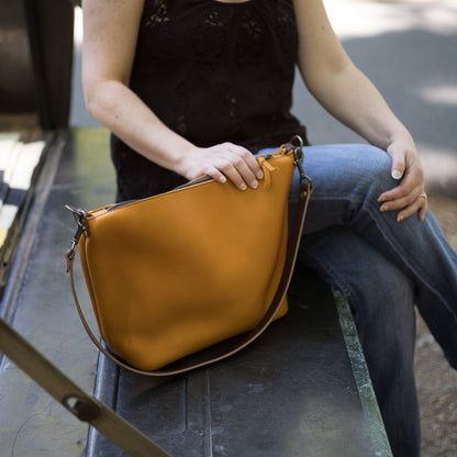 ZIP TOP LEATHER BUCKET BAG - MUSTARD YELLOW - IN STOCK