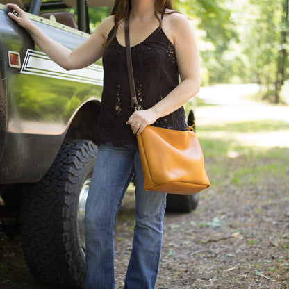 ZIP TOP LEATHER BUCKET BAG - MUSTARD YELLOW - IN STOCK