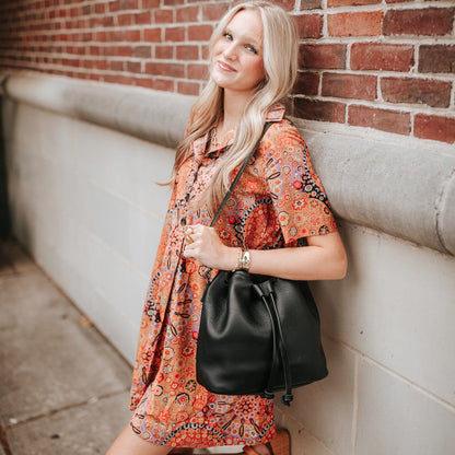 ABBY LEATHER BUCKET BAG - BLACK