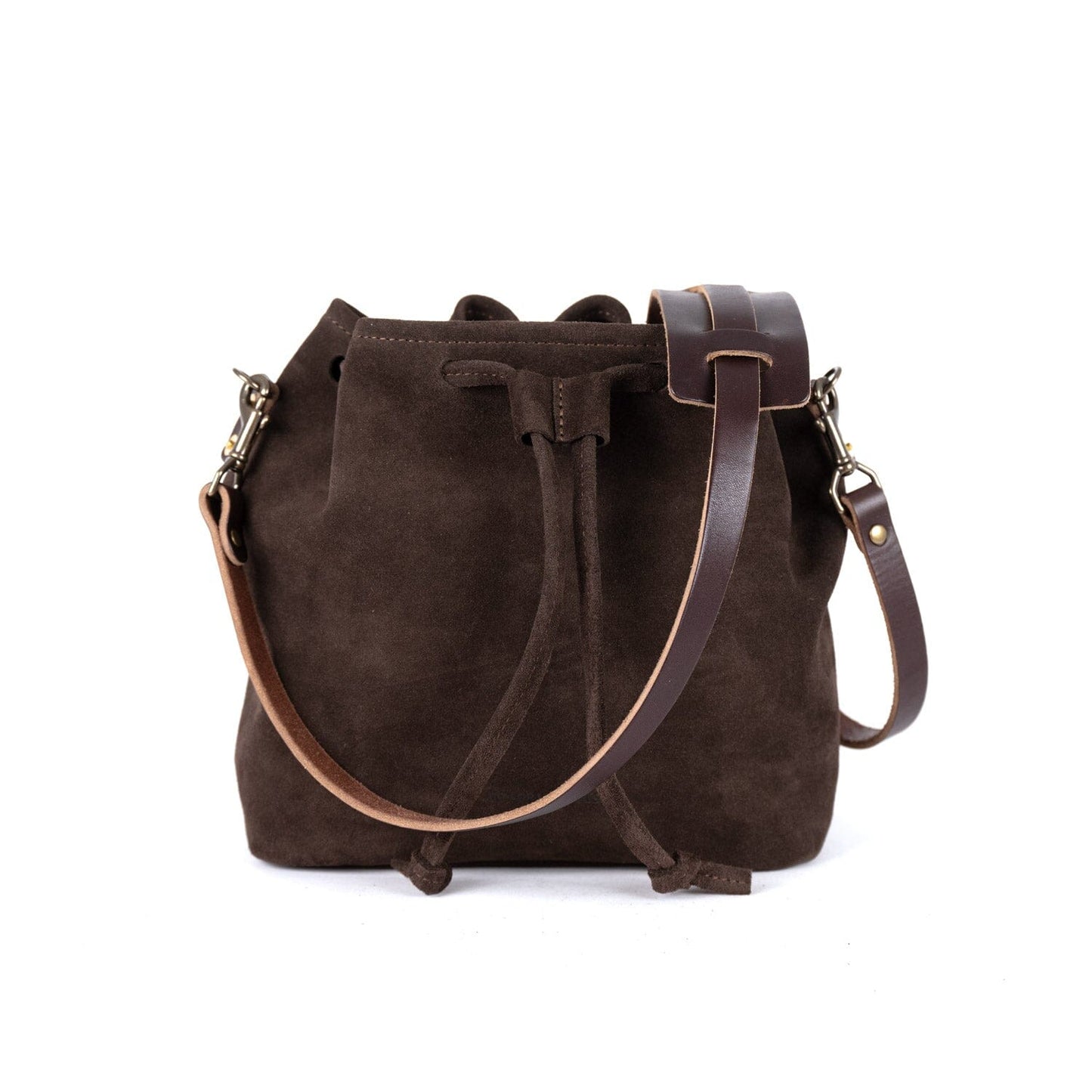 ABBY LEATHER BUCKET BAG - CHOCOLATE SUEDE - IN STOCK