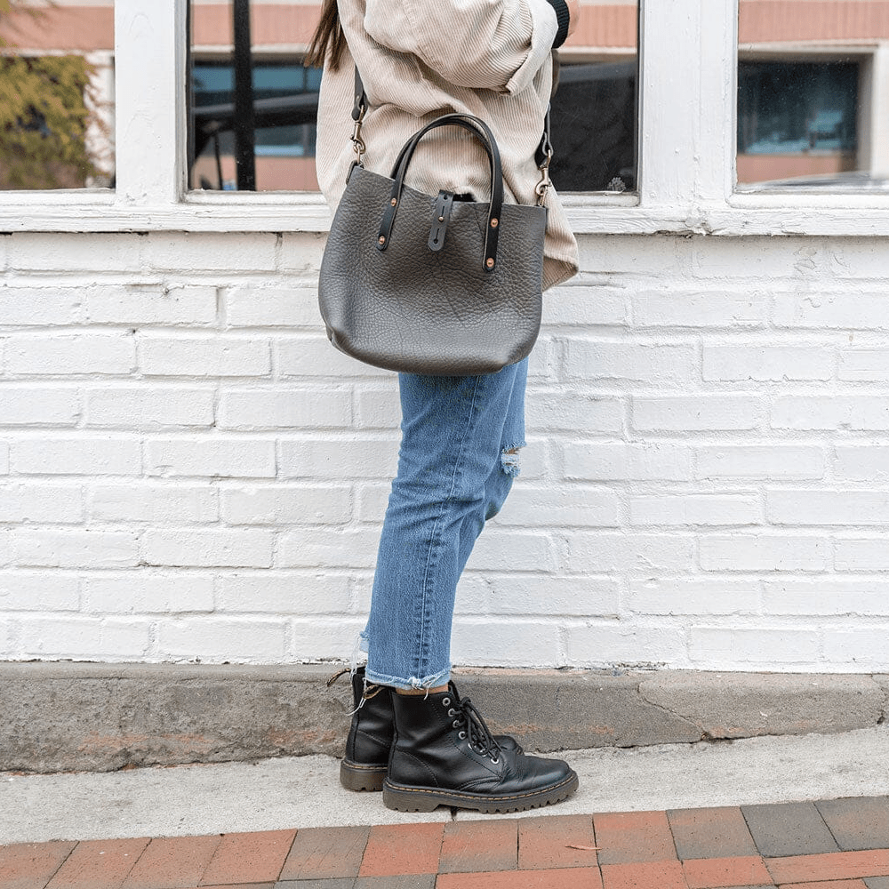 AVERY LEATHER TOTE BAG - MINI CROSSBODY - LEAD GRAY