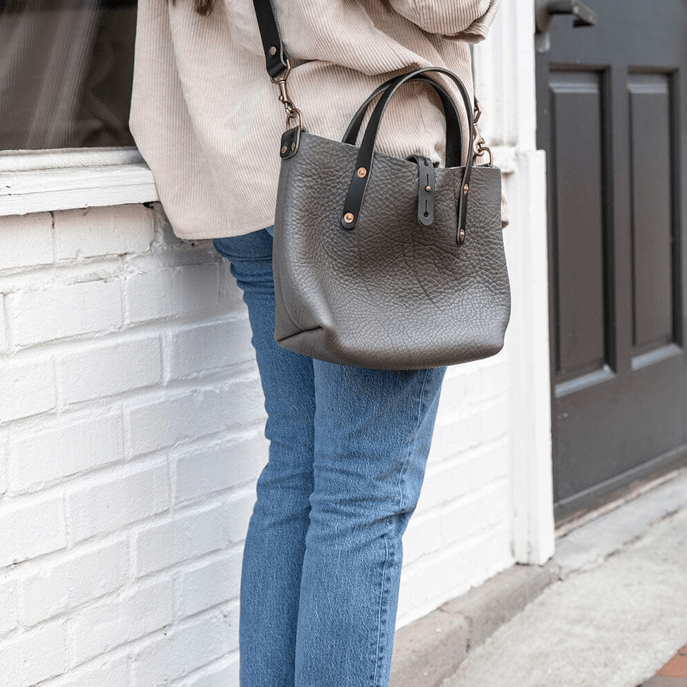 AVERY LEATHER TOTE BAG - MINI CROSSBODY - LEAD GRAY