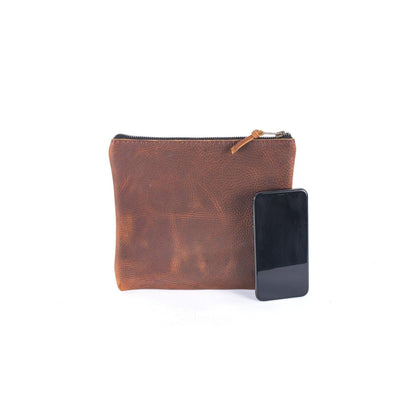 LEATHER TOP ZIPPER POUCH - PEANUT BISON