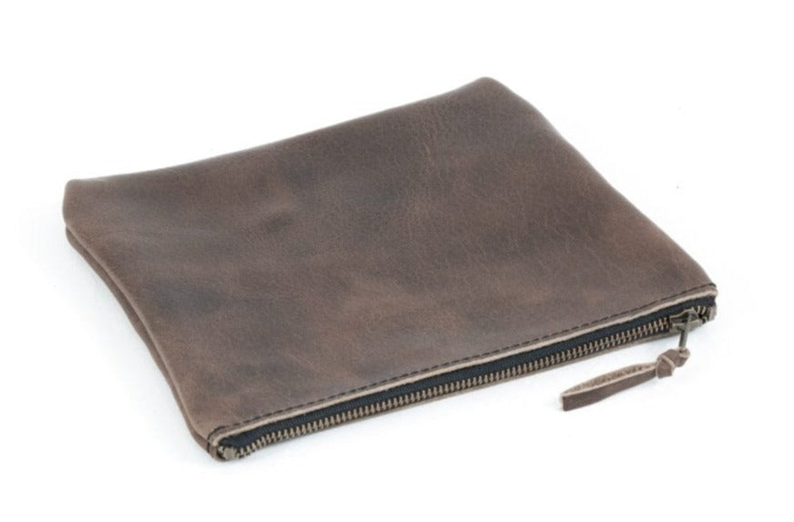 LEATHER TOP ZIPPER POUCH - CHARCOAL BISON